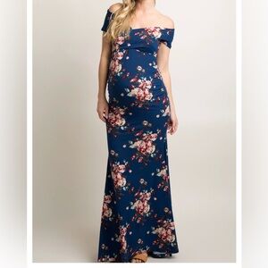 Pinkblush Maternity Navy Floral Off-Shoulder Maxi Dress